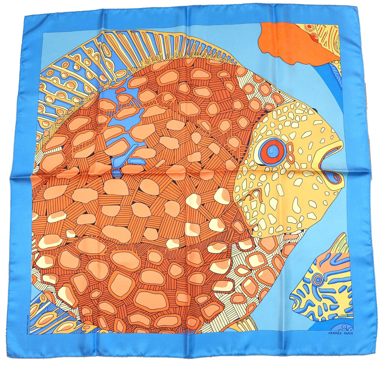 Hermes Grands fonds II Detail 90 cm silk Scarf blue Carre sea fish 35"