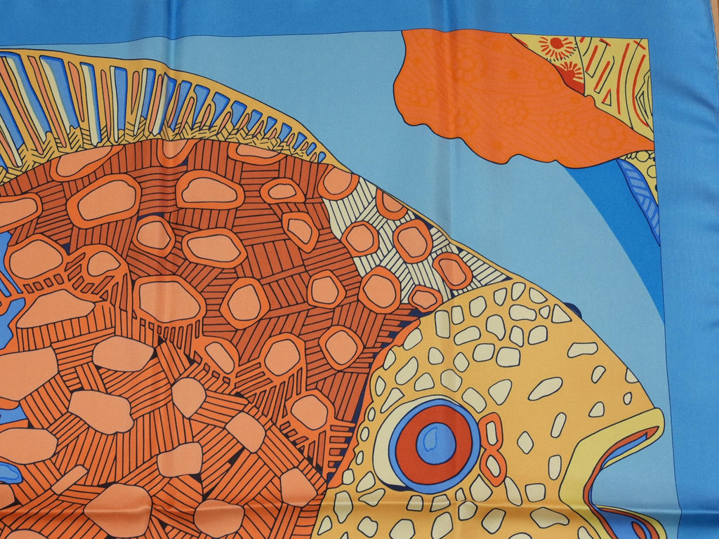 Hermes Grands fonds II Detail 90 cm silk Scarf blue Carre sea fish 35"