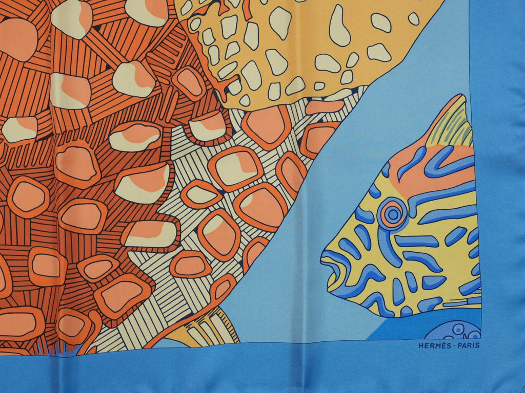 Hermes Grands fonds II Detail 90 cm silk Scarf blue Carre sea fish 35"