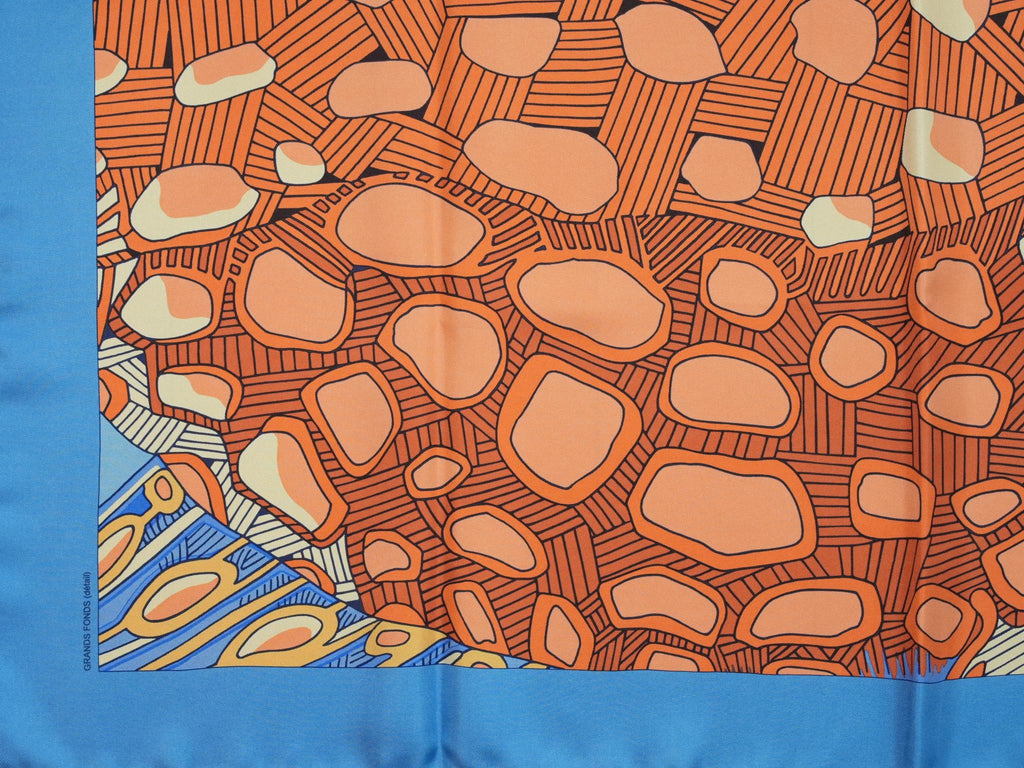Hermes Grands fonds II Detail 90 cm silk Scarf blue Carre sea fish 35"