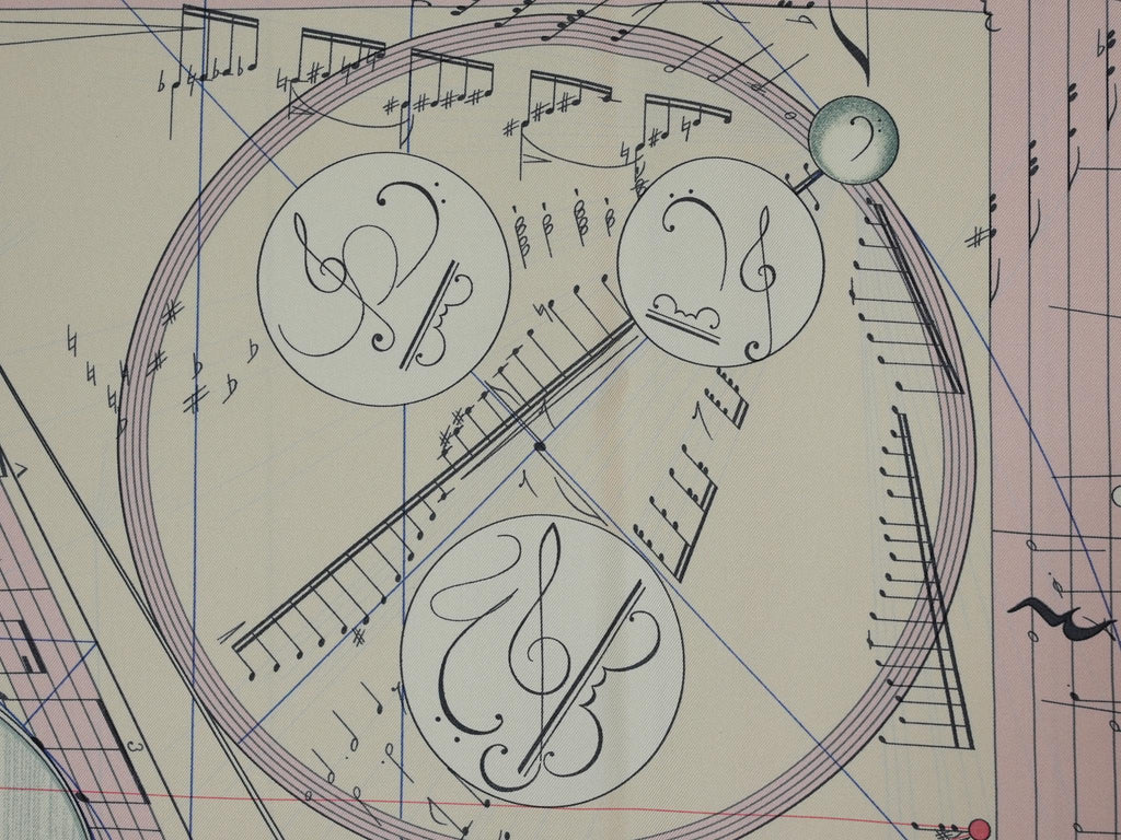Hermes La Musique des Spheres 90 cm silk Scarf pink Carre music instrumental 35"