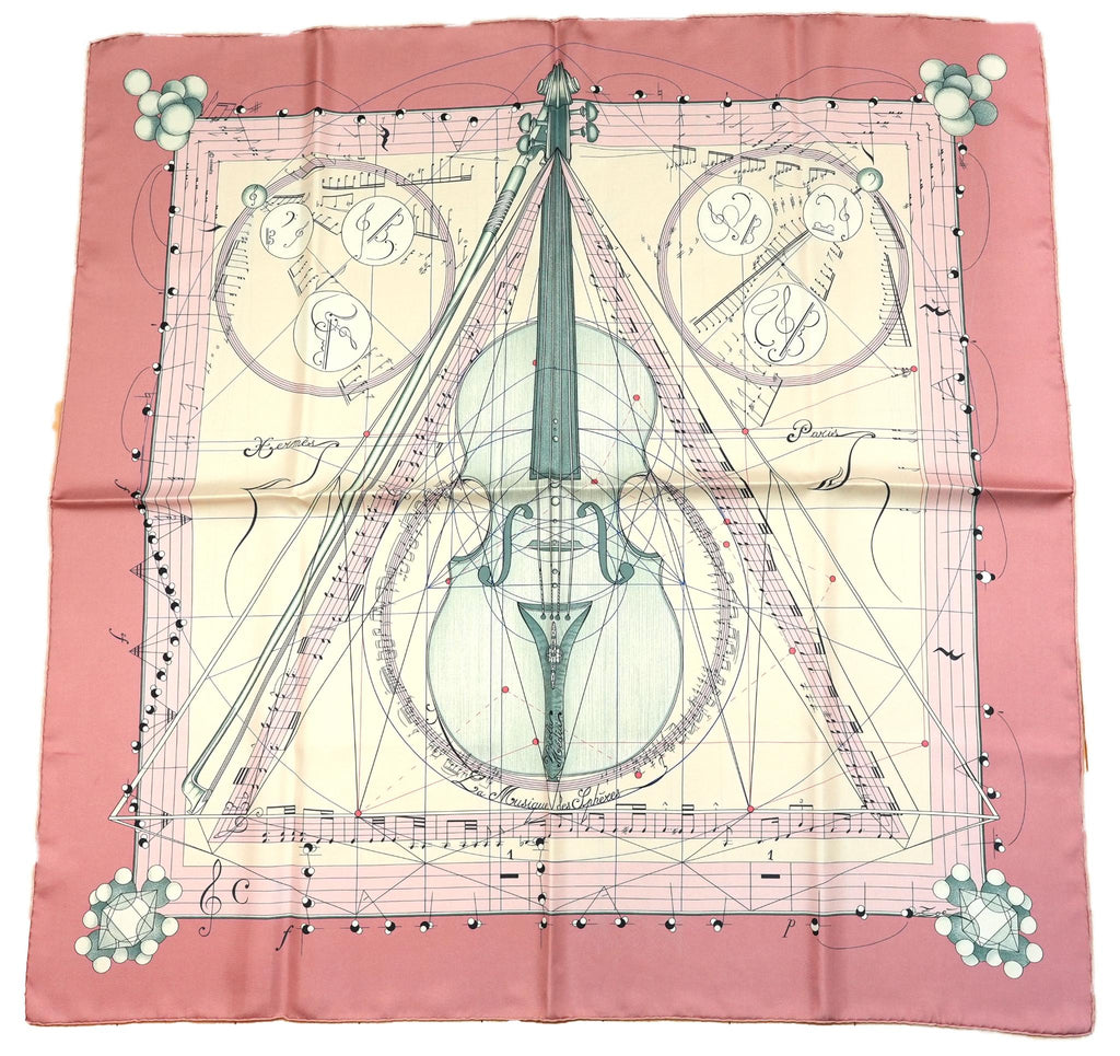 Hermes La Musique des Spheres 90 cm silk Scarf pink Carre music instrumental 35"