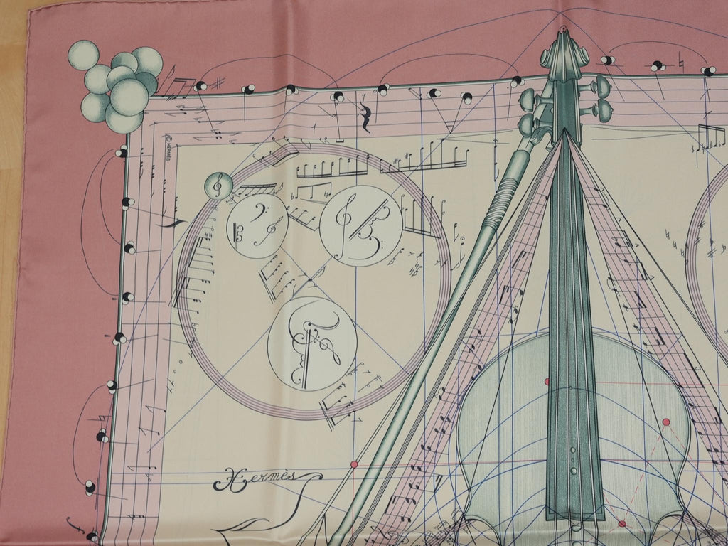 Hermes La Musique des Spheres 90 cm silk Scarf pink Carre music instrumental 35"