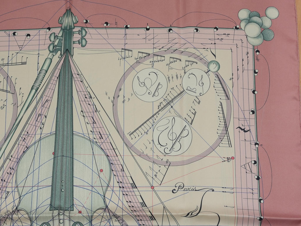 Hermes La Musique des Spheres 90 cm silk Scarf pink Carre music instrumental 35"
