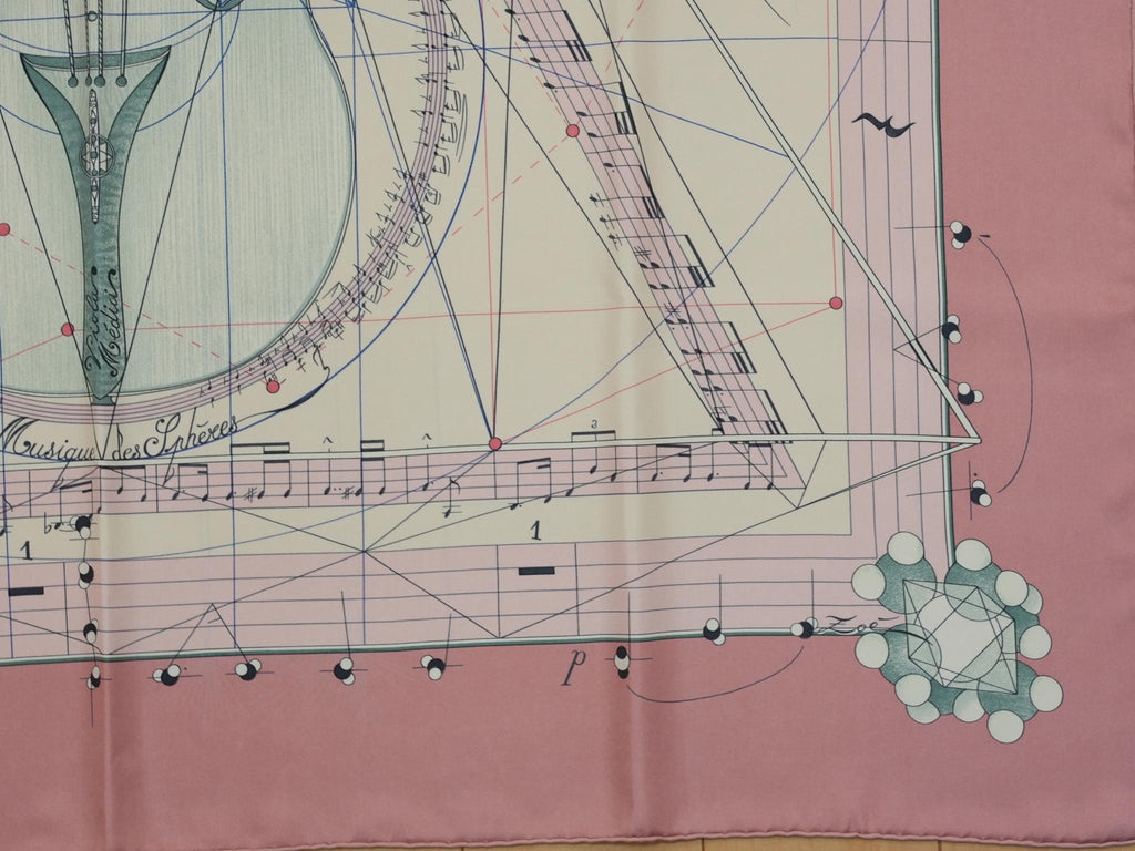 Hermes La Musique des Spheres 90 cm silk Scarf pink Carre music instrumental 35"