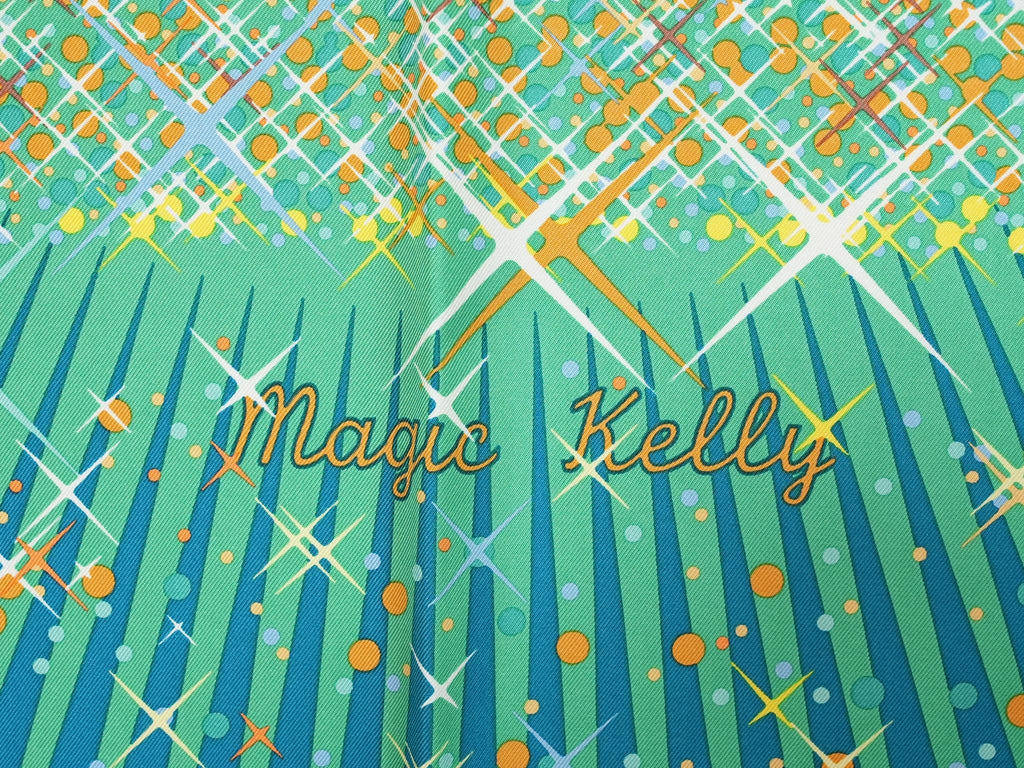 Hermes Magic Kelly by Dimitri Rybaltchenko 90 cm silk Scarf blue green bag Carre 35"