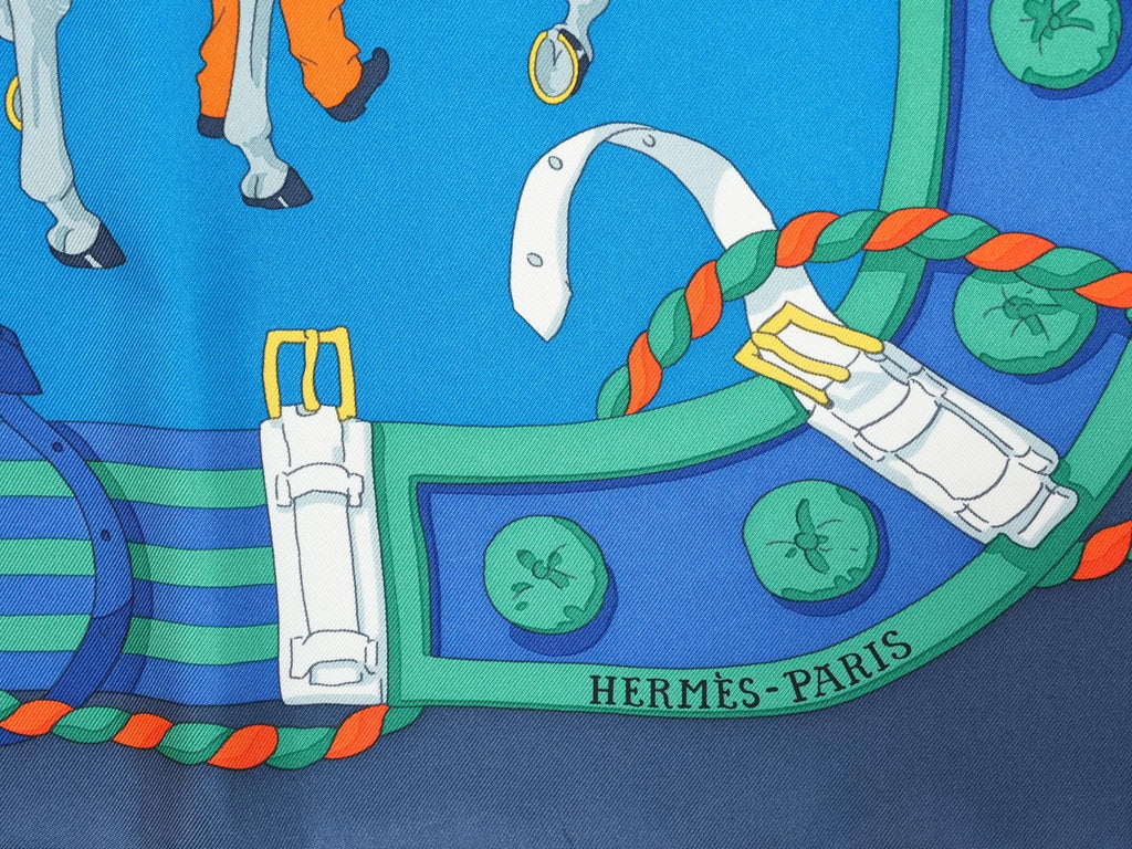 Hermes Ronds de Marche 90 cm silk Scarf blue Carre horse march 35"