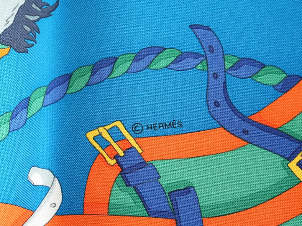 Hermes Ronds de Marche 90 cm silk Scarf blue Carre horse march 35"