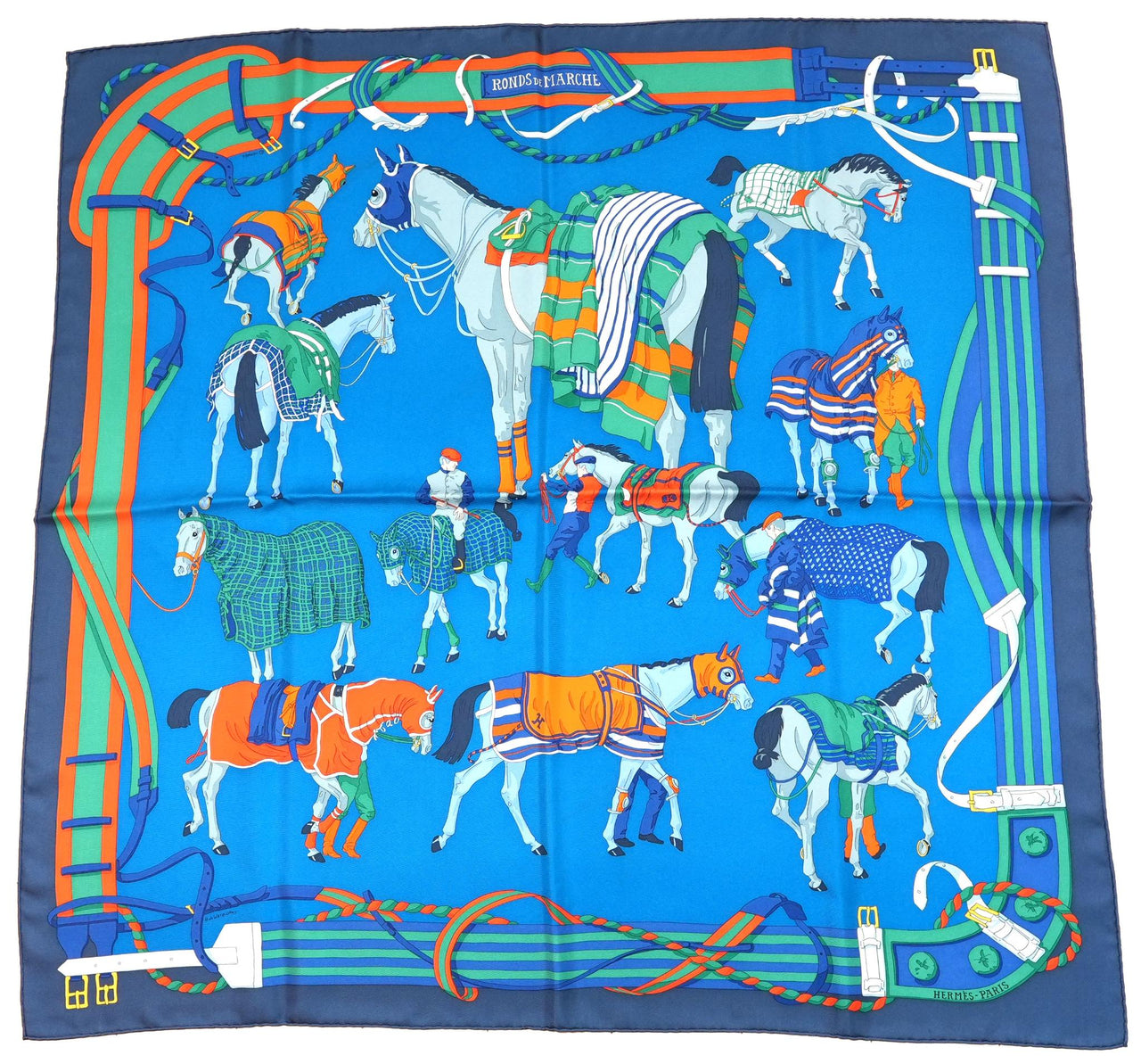 Hermes Ronds de Marche 90 cm silk Scarf blue Carre horse march 35"
