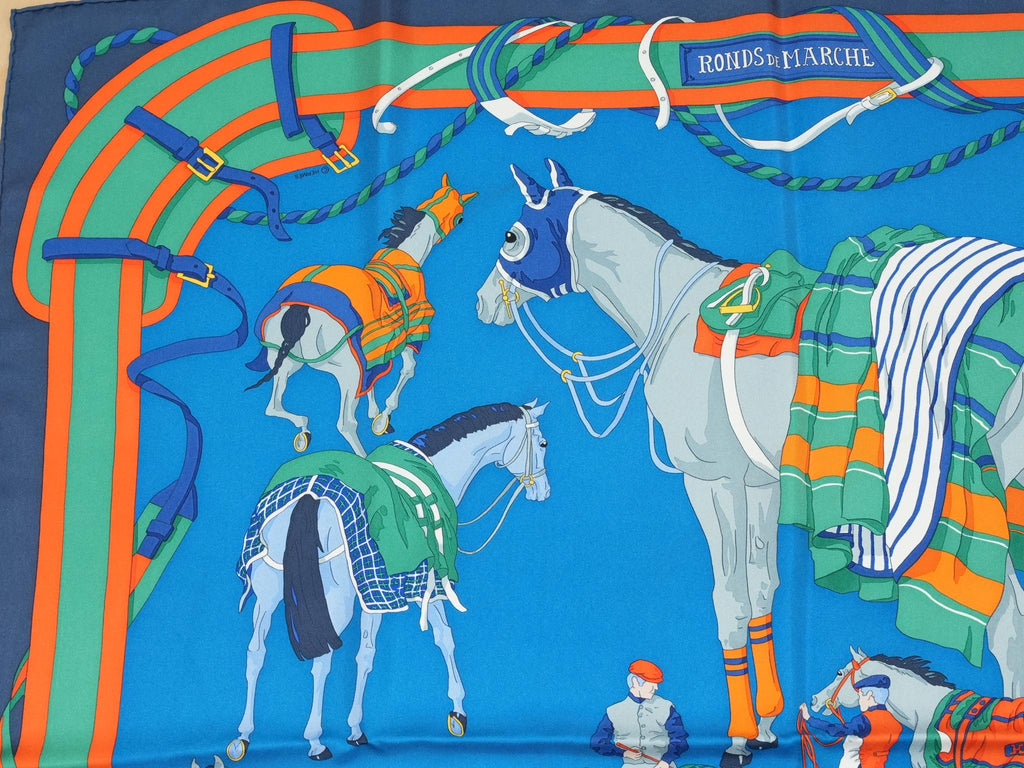 Hermes Ronds de Marche 90 cm silk Scarf blue Carre horse march 35"