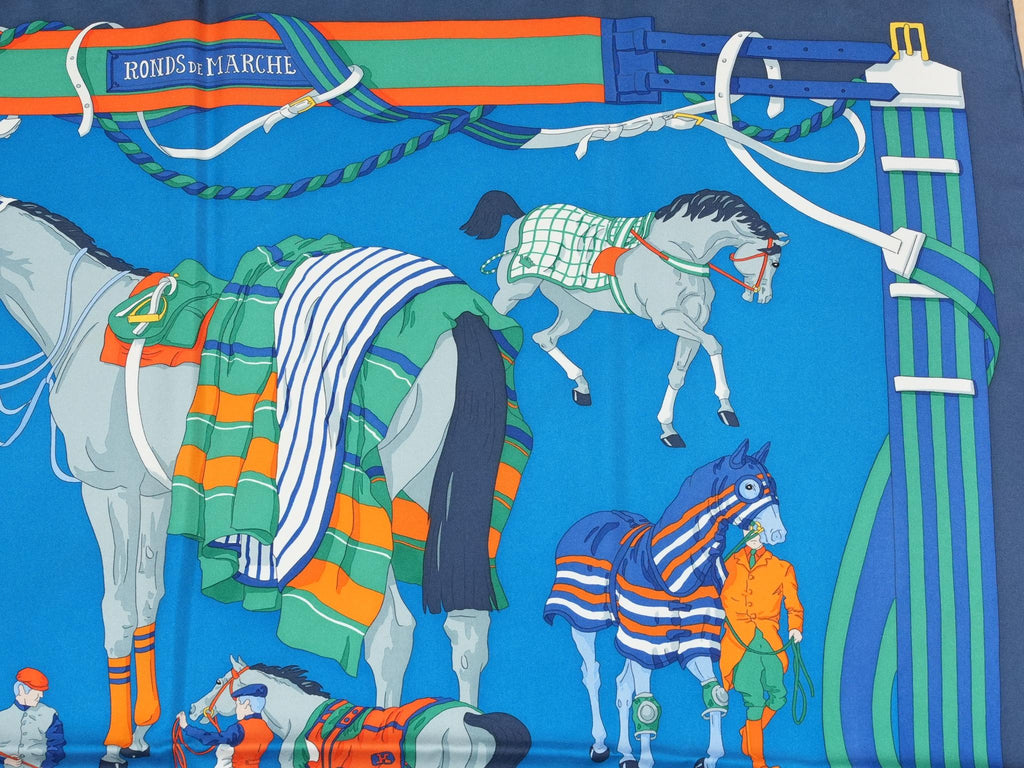 Hermes Ronds de Marche 90 cm silk Scarf blue Carre horse march 35"