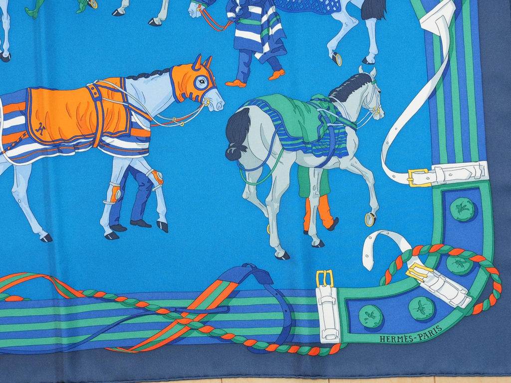 Hermes Ronds de Marche 90 cm silk Scarf blue Carre horse march 35"