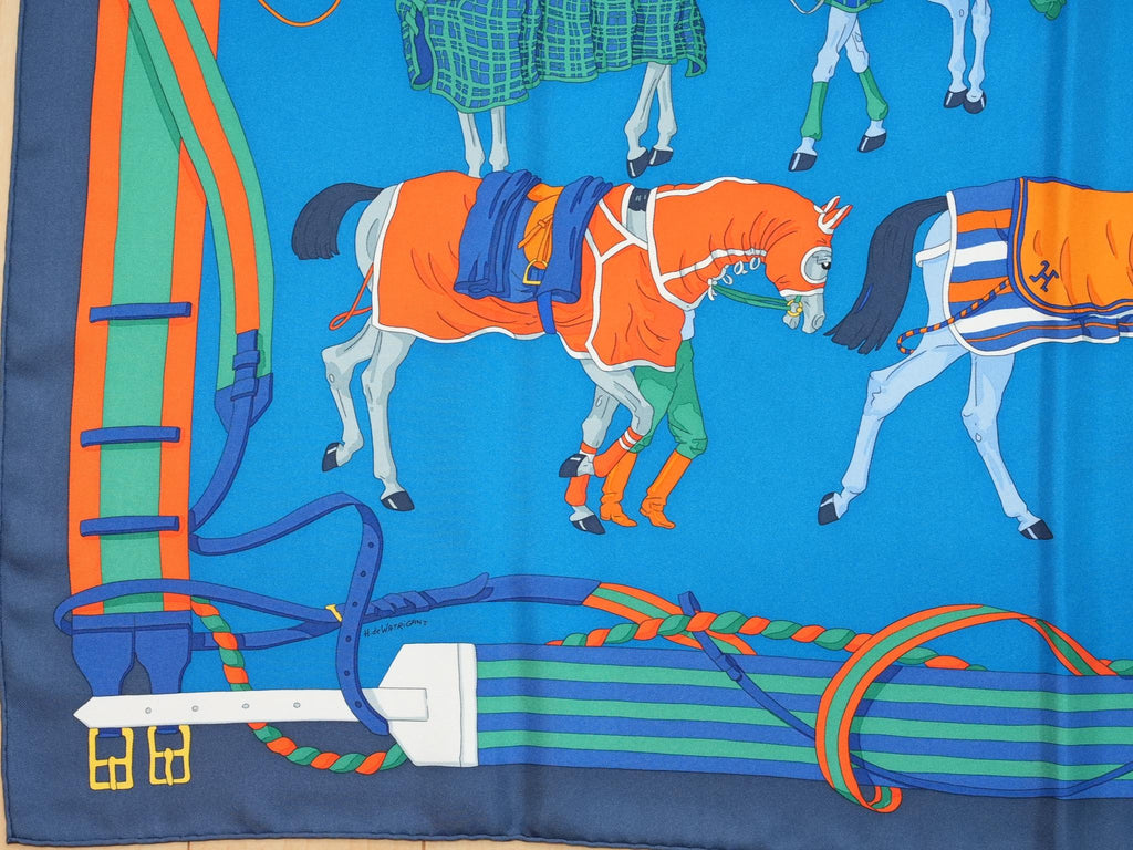 Hermes Ronds de Marche 90 cm silk Scarf blue Carre horse march 35"
