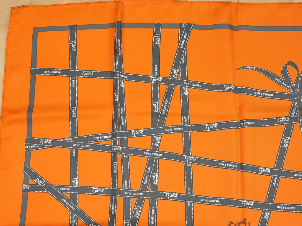 Hermes Scarf Bolduc by Jean Louis Dumas Silk 90 cm ribbon orange Carre 35" 049