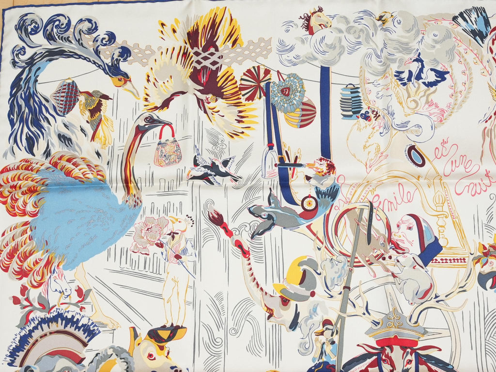 Hermes Scarf Emile et Une Nuit 90 cm silk cream beige Carre night animal 35"
