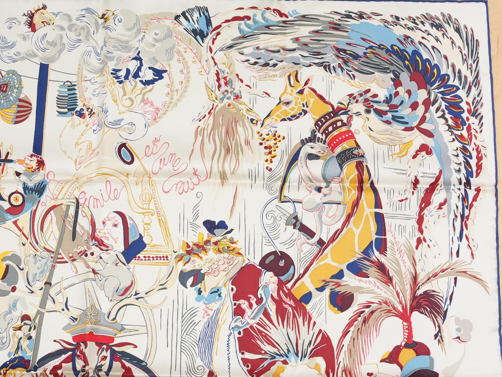 Hermes Scarf Emile et Une Nuit 90 cm silk cream beige Carre night animal 35"