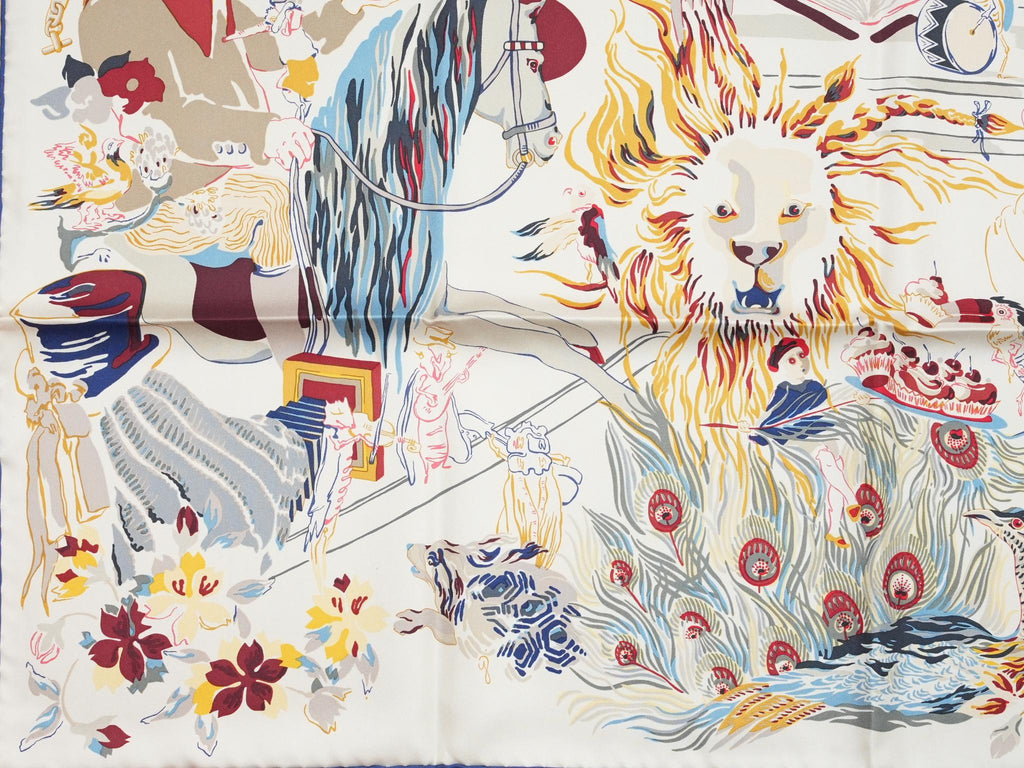 Hermes Scarf Emile et Une Nuit 90 cm silk cream beige Carre night animal 35"