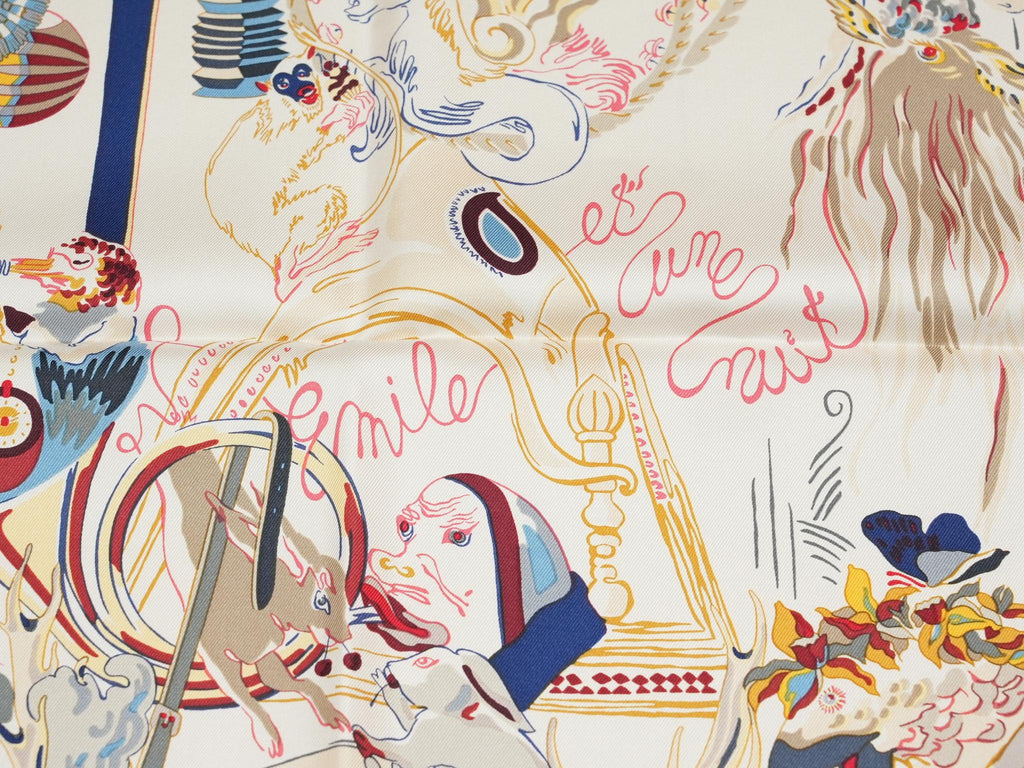 Hermes Scarf Emile et Une Nuit 90 cm silk cream beige Carre night animal 35"