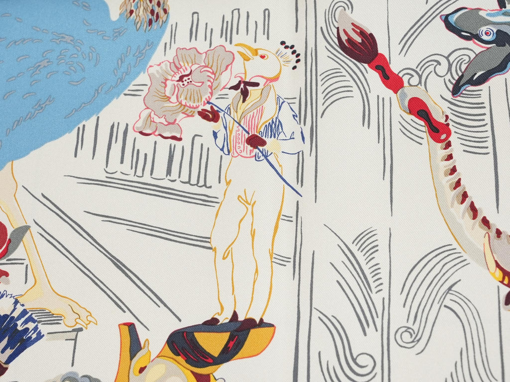 Hermes Scarf Emile et Une Nuit 90 cm silk cream beige Carre night animal 35"