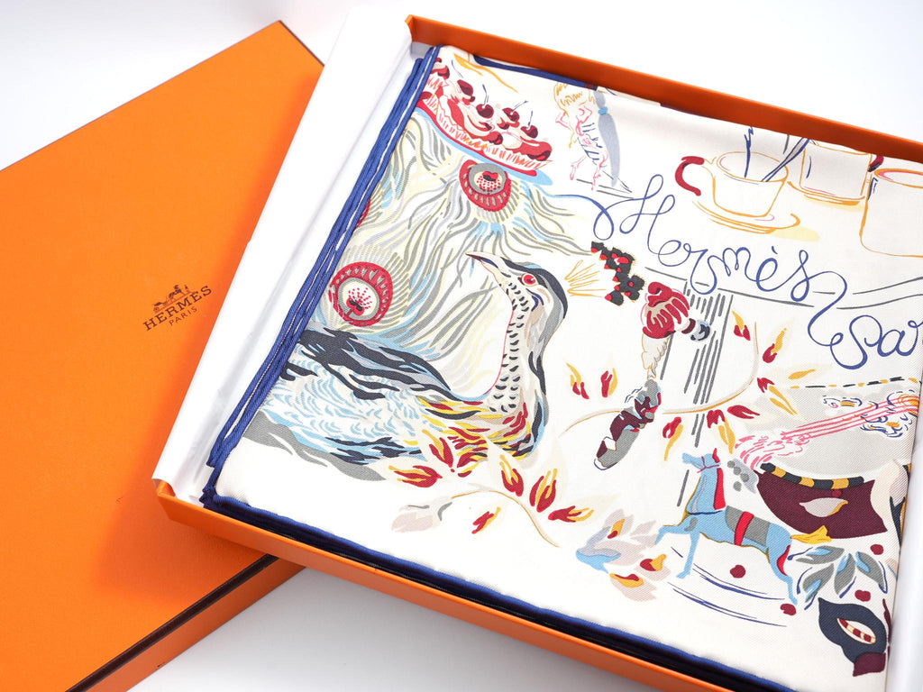 Hermes Scarf Emile et Une Nuit 90 cm silk cream beige Carre night animal 35"