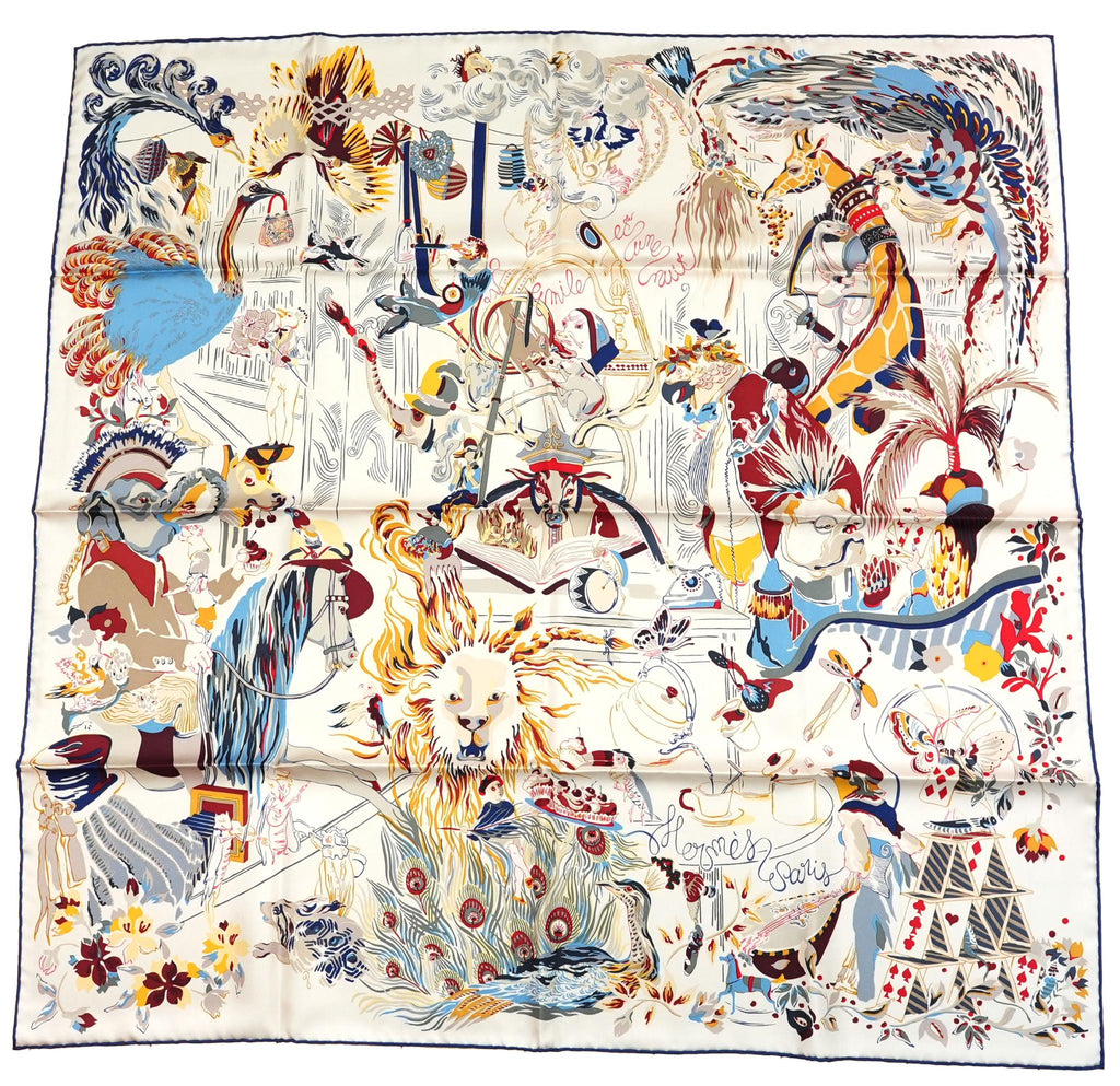 Hermes Scarf Emile et Une Nuit 90 cm silk cream beige Carre night animal 35"