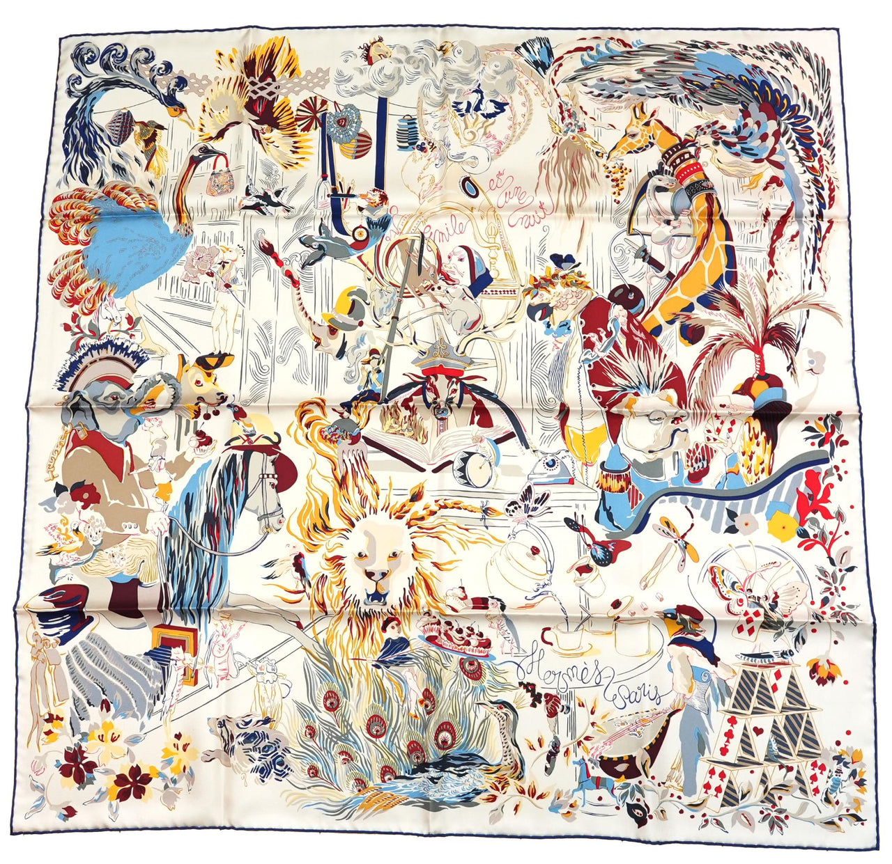 Hermes Scarf Emile et Une Nuit 90 cm silk cream beige Carre night animal 35"