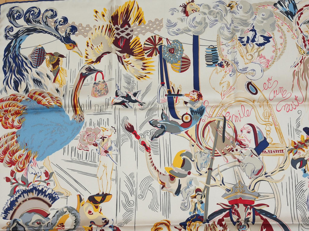 Hermes Scarf Emile et Une Nuit 90 cm silk cream beige Carre night animal 35"