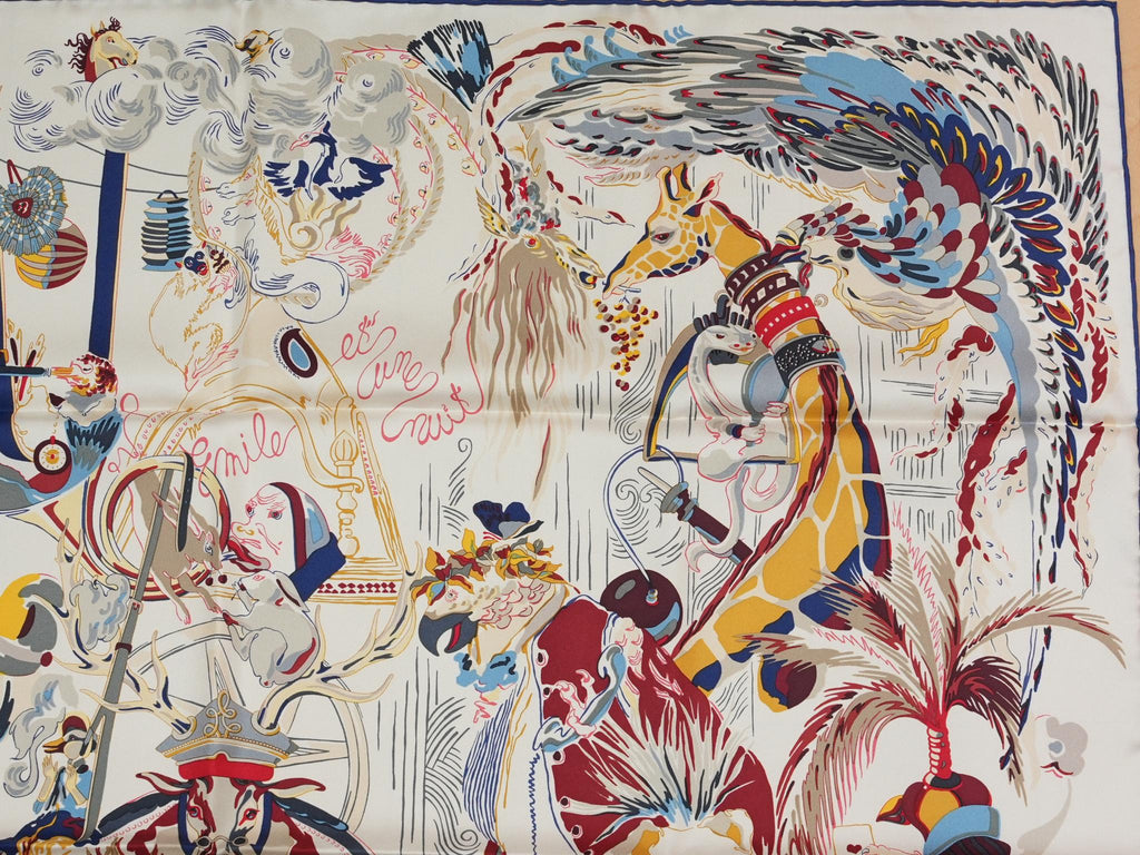 Hermes Scarf Emile et Une Nuit 90 cm silk cream beige Carre night animal 35"