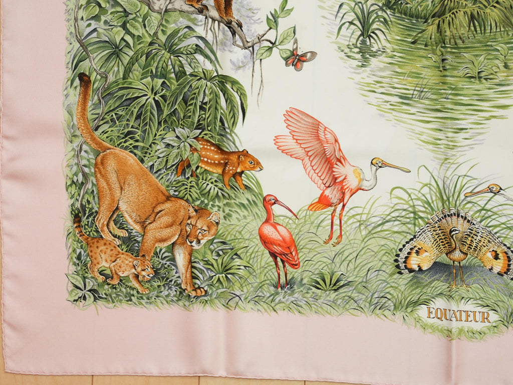 Hermes Scarf Equateur 90 cm silk pink Carre panther jaguar cheetah 35"