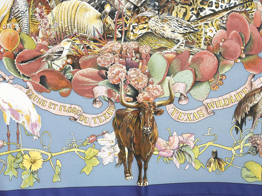Hermes Scarf Faune Et Flore Du Texas Wildlife 90 cm by Kermit Oliver silk gray blue animal Carre 35" 09