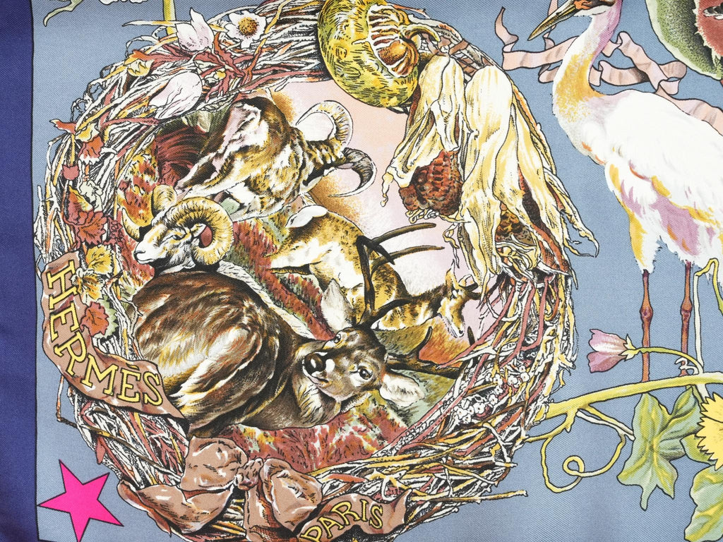Hermes Scarf Faune Et Flore Du Texas Wildlife 90 cm by Kermit Oliver silk gray blue animal Carre 35" 09