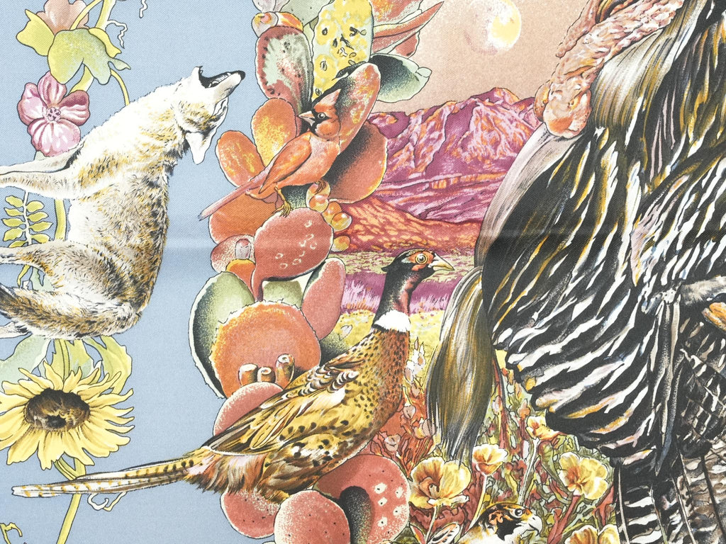 Hermes Scarf Faune Et Flore Du Texas Wildlife 90 cm by Kermit Oliver silk gray blue animal Carre 35" 09