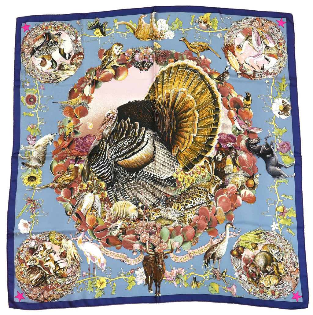 Hermes Scarf Faune Et Flore Du Texas Wildlife 90 cm by Kermit Oliver silk gray blue animal Carre 35" 09
