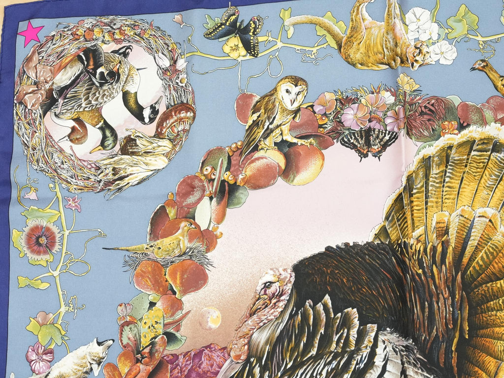 Hermes Scarf Faune Et Flore Du Texas Wildlife 90 cm by Kermit Oliver silk gray blue animal Carre 35" 09