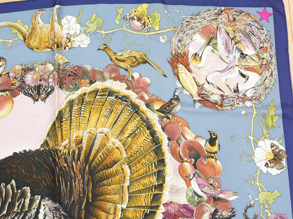 Hermes Scarf Faune Et Flore Du Texas Wildlife 90 cm by Kermit Oliver silk gray blue animal Carre 35" 09
