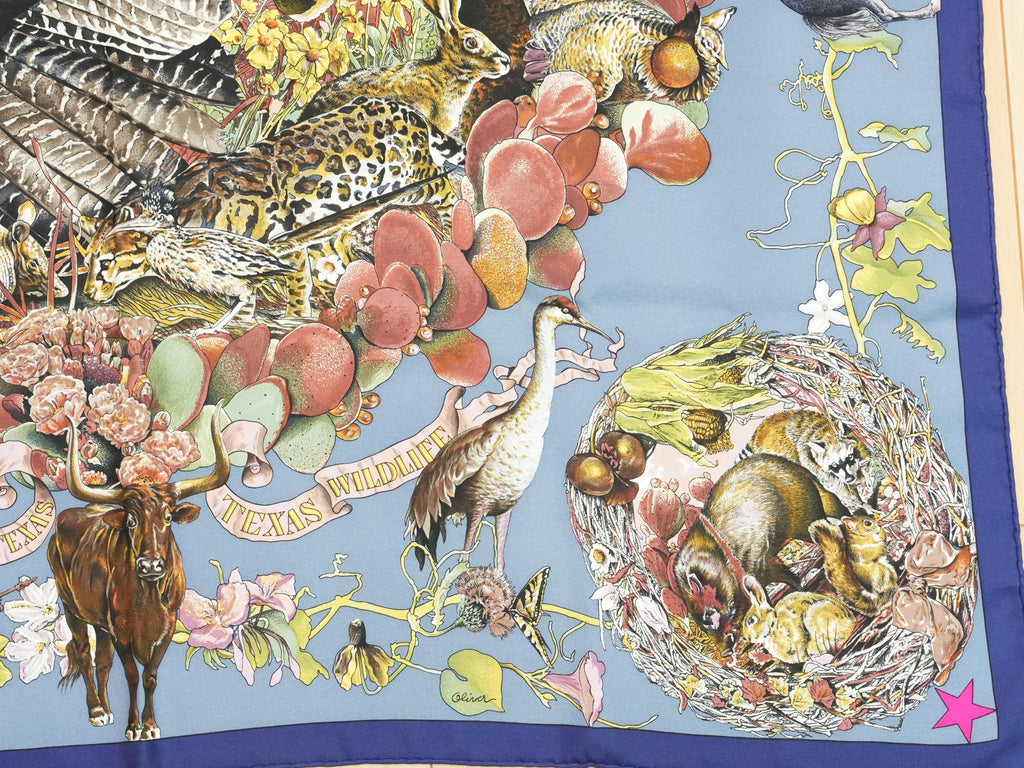 Hermes Scarf Faune Et Flore Du Texas Wildlife 90 cm by Kermit Oliver silk gray blue animal Carre 35" 09