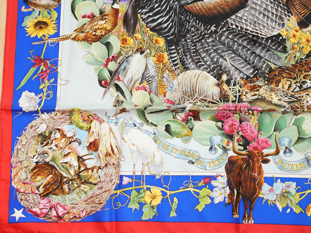 Hermes Scarf Faune Et Flore Du Texas Wildlife 90 cm by Kermit Oliver silk red blue animal Carre