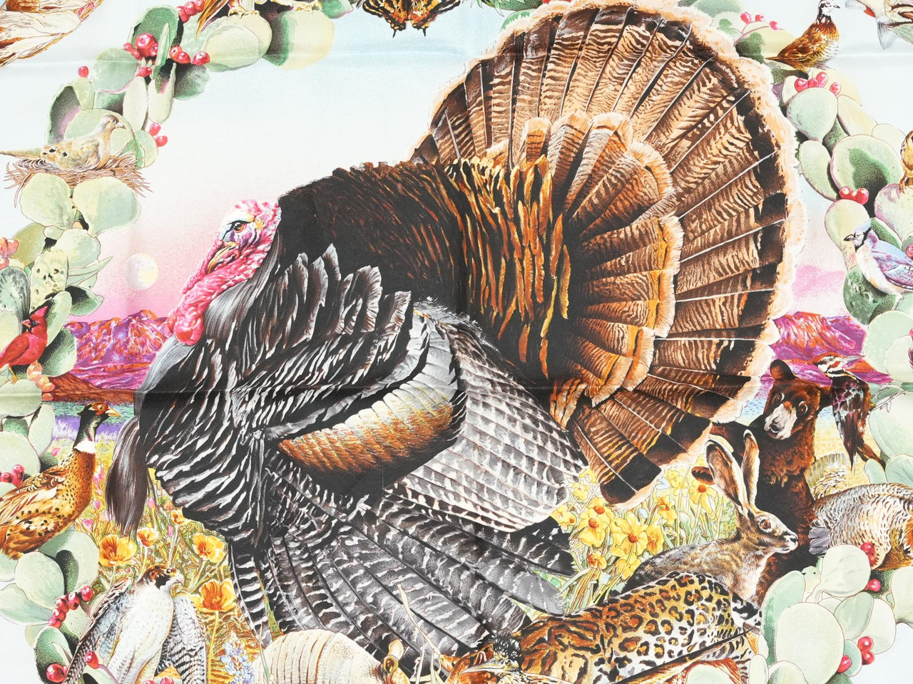 Hermes Scarf Faune Et Flore Du Texas Wildlife 90 cm by Kermit Oliver silk red blue animal Carre