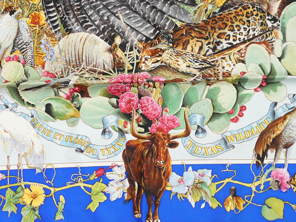 Hermes Scarf Faune Et Flore Du Texas Wildlife 90 cm by Kermit Oliver silk red blue animal Carre