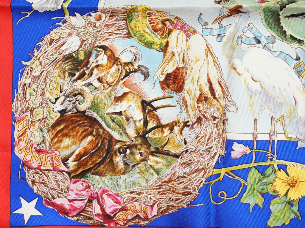 Hermes Scarf Faune Et Flore Du Texas Wildlife 90 cm by Kermit Oliver silk red blue animal Carre