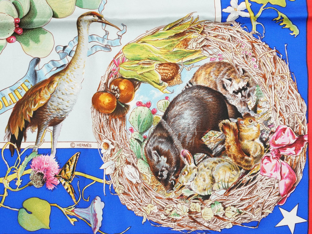 Hermes Scarf Faune Et Flore Du Texas Wildlife 90 cm by Kermit Oliver silk red blue animal Carre