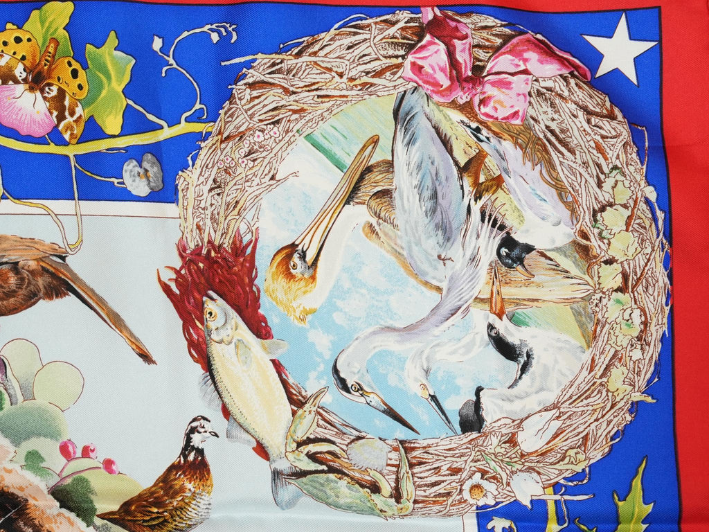 Hermes Scarf Faune Et Flore Du Texas Wildlife 90 cm by Kermit Oliver silk red blue animal Carre