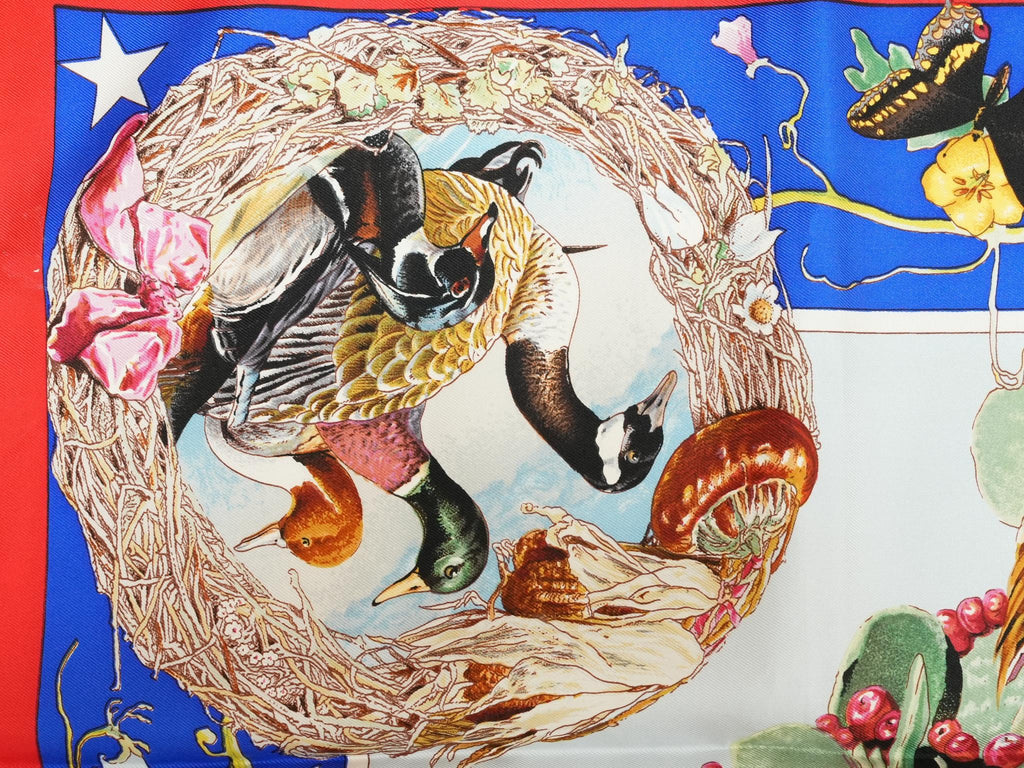 Hermes Scarf Faune Et Flore Du Texas Wildlife 90 cm by Kermit Oliver silk red blue animal Carre