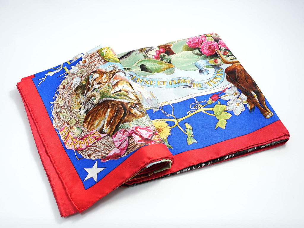 Hermes Scarf Faune Et Flore Du Texas Wildlife 90 cm by Kermit Oliver silk red blue animal Carre