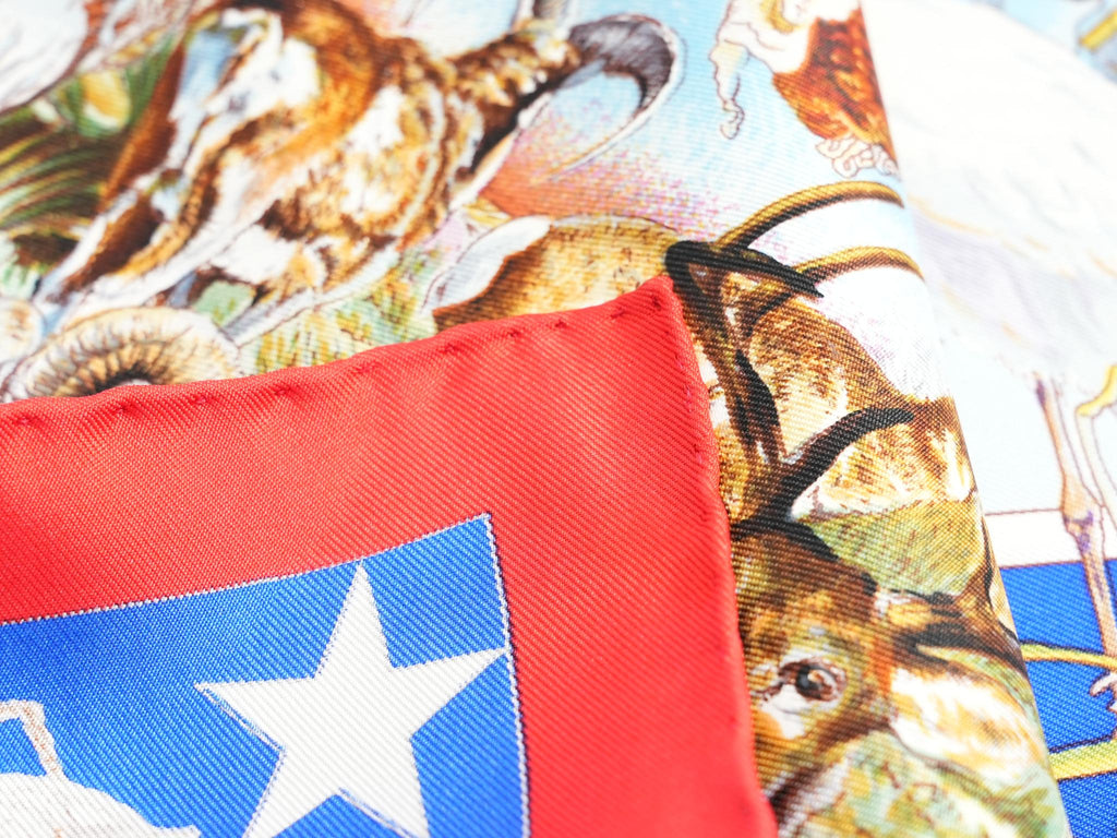 Hermes Scarf Faune Et Flore Du Texas Wildlife 90 cm by Kermit Oliver silk red blue animal Carre