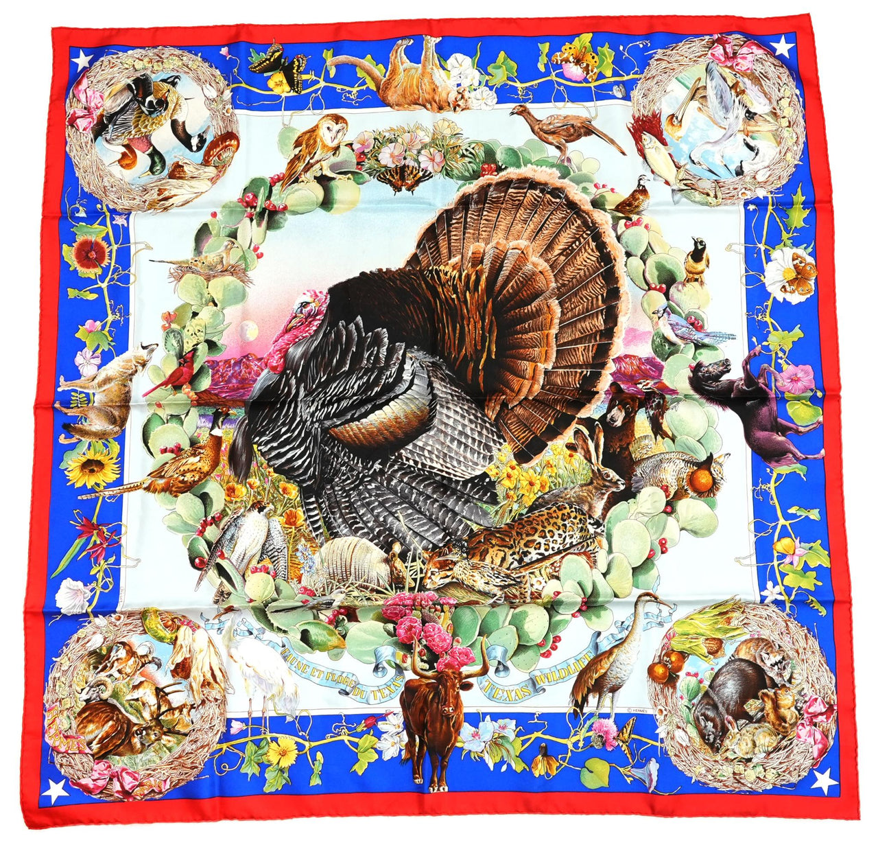 Hermes Scarf Faune Et Flore Du Texas Wildlife 90 cm by Kermit Oliver silk red blue animal Carre