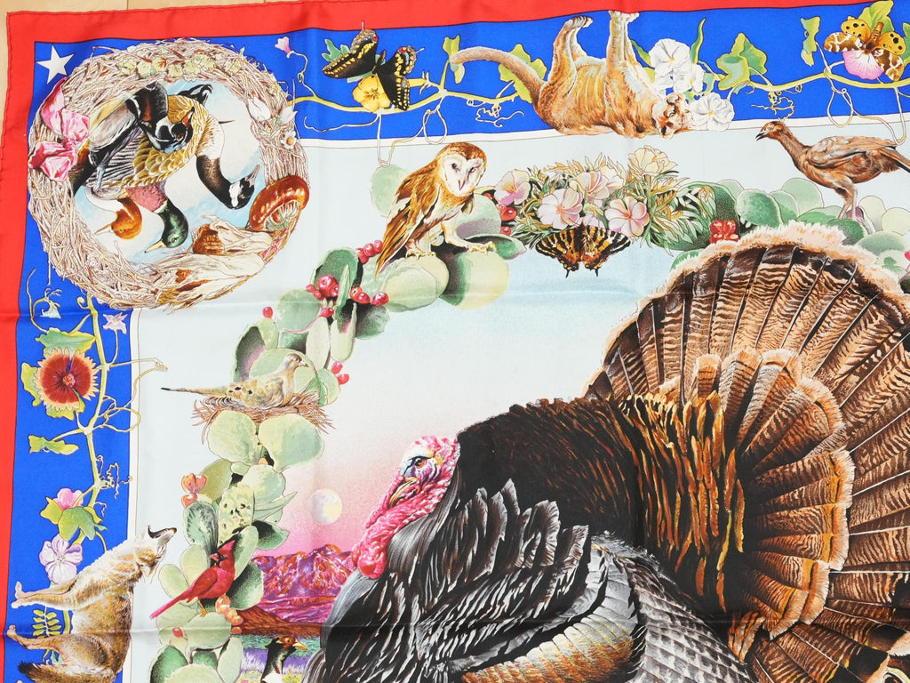 Hermes Scarf Faune Et Flore Du Texas Wildlife 90 cm by Kermit Oliver silk red blue animal Carre