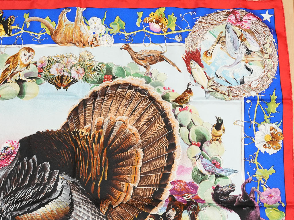 Hermes Scarf Faune Et Flore Du Texas Wildlife 90 cm by Kermit Oliver silk red blue animal Carre