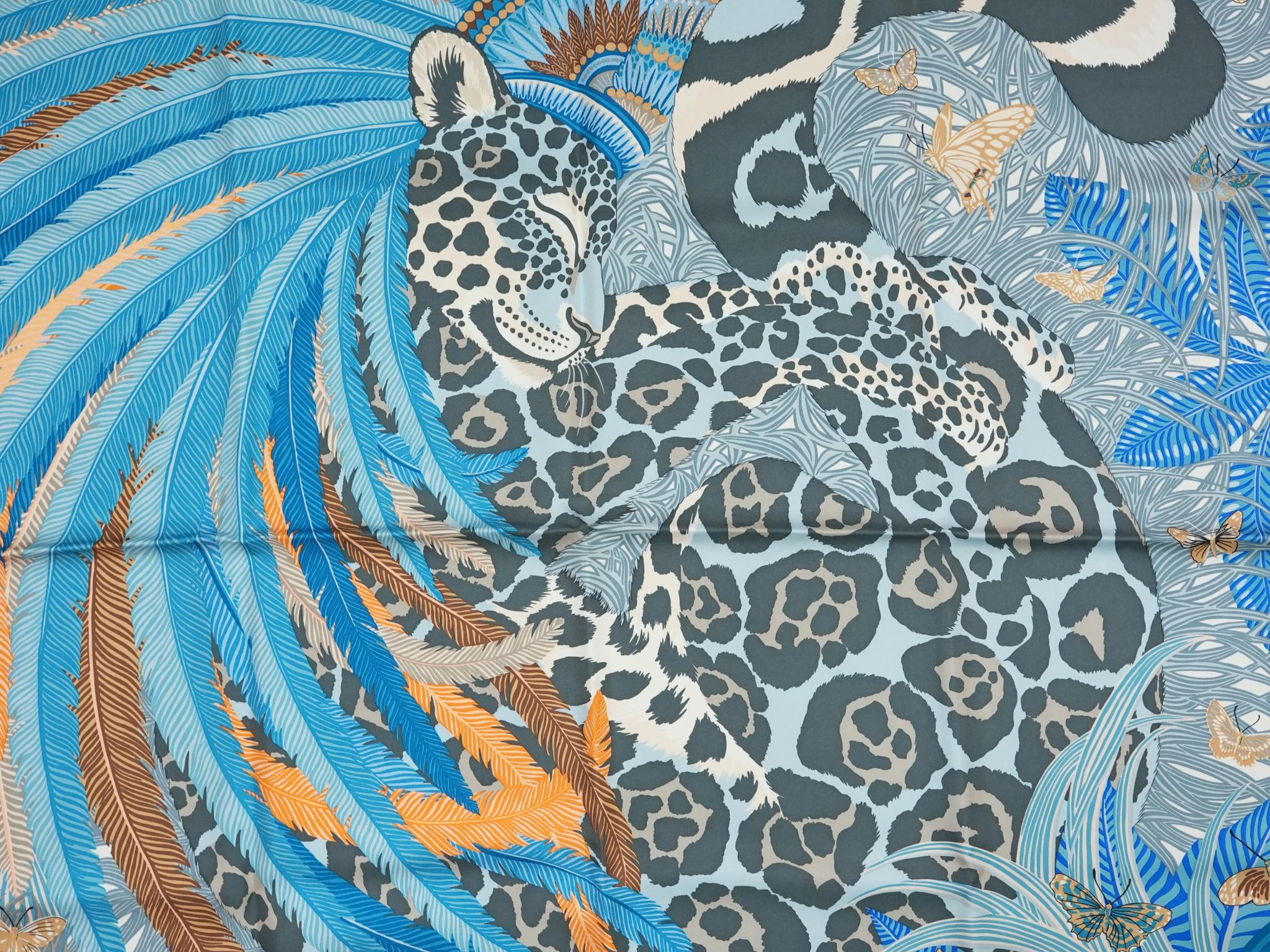 専用☆HERMES ジャガー・ケツァール（Jaguar Quetzal)カレ90 Hermes Scarf Jaguar Quetzal 90 cm Christine Henry silk blue animal