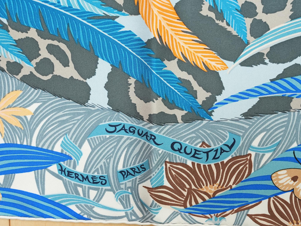 Hermes Scarf Jaguar Quetzal 90 cm Christine Henry silk blue animal Carre 057
